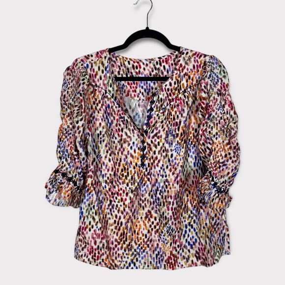 Democracy Tops - Democracy Embroidered Split Round Neck Flounce Sleeve Embroidered Woven Top Boho